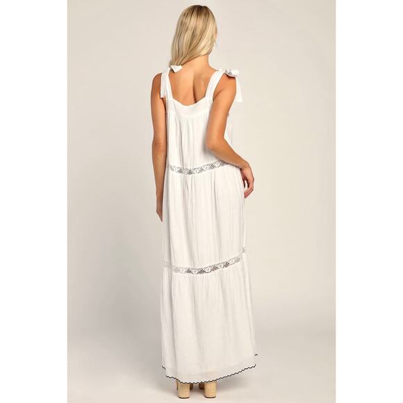 LULUS NEW Angelic Essence White Lace Jacquard Tie-Strap Tiered White Dress – Med - Picture 4 of 8